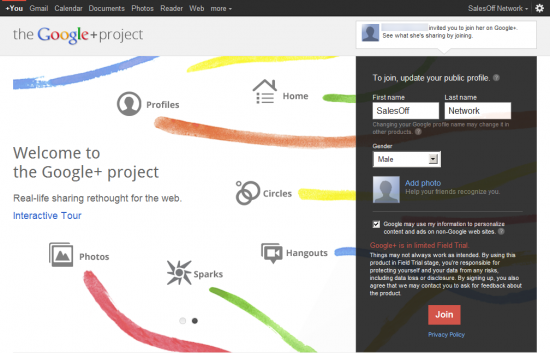 Google Plus registration page