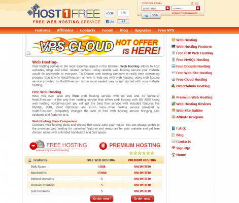 Host1Free homepage